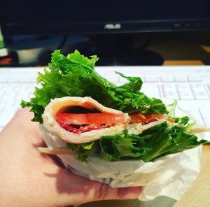 Ordered a wrap from a local restaurant and discarded the tortilla, used the lettuce to wrap the turkey, smoked mozzarella, bacon, tomato, and chipotle aioli. 
